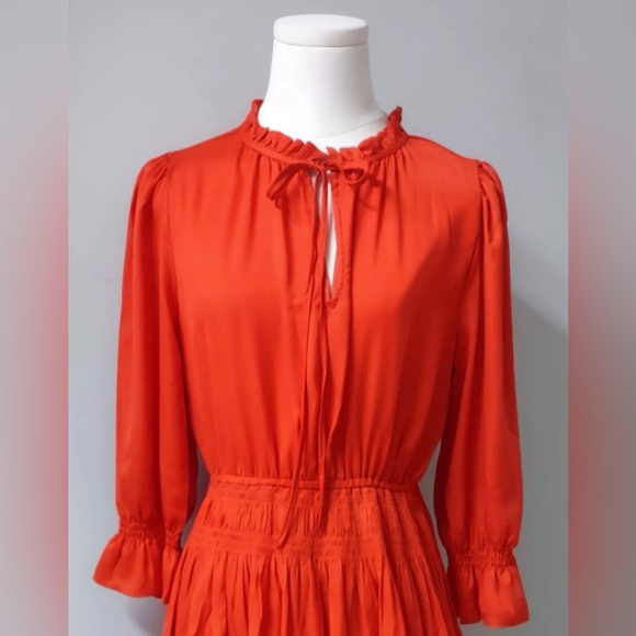 JOIE Bright Orange Keyhole Smocked Tiered Ruffles Mini Dress - Picture 5 of 9